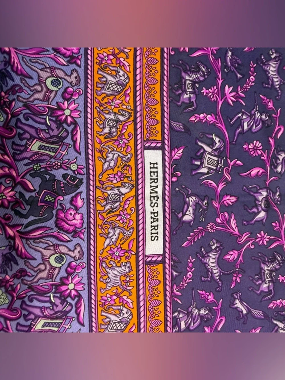 Hermes Silk Scarf Chasse En Inde Purple Orange India Hunter Tiger Elephant Horse - Picture 6 of 12